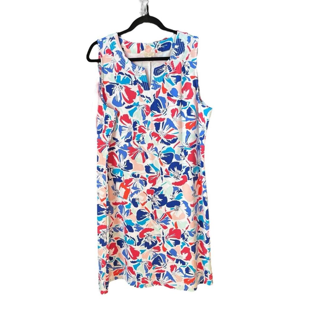 Talbots Sleeveless Red White Blue Floral Patterned Sheath Summer Dress Sz XL